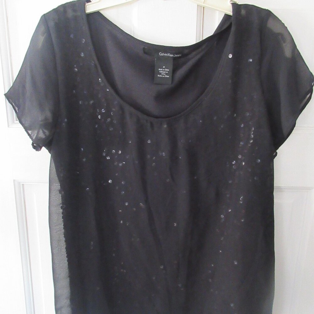 Calvin Klein Sheer Sequin SS Top Sz M